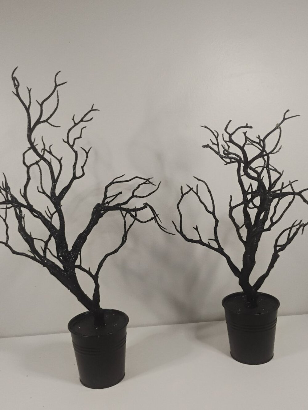 Spooky Decor Set of 2 Black Glitter Halloween Bare Branch Trees in Pots